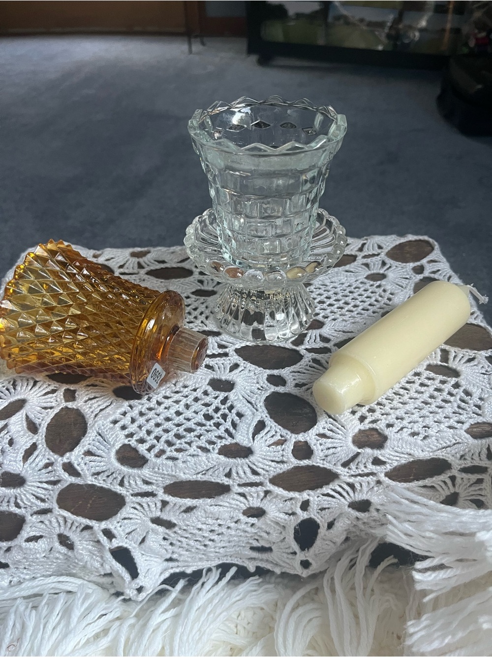 Amber Diamond-Pattern Glass Votive w/ a clear glass candleholder and clear peg